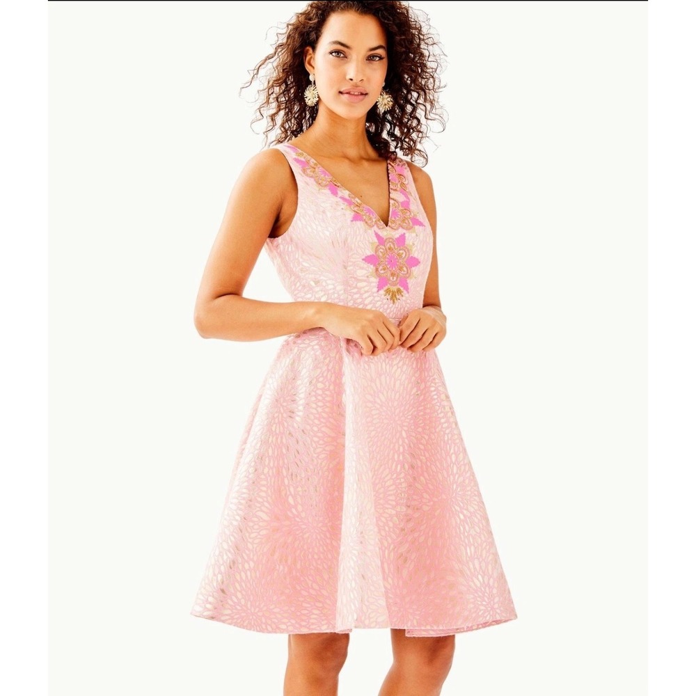 Lilly Pulitzer Elanie Fit Flare Dress Pink Tropics Lagoon Jacquard Womens Size 0
